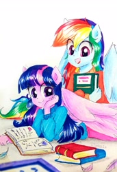 Size: 2322x3403 | Tagged: safe, artist:liaaqila, derpibooru import, rainbow dash, twilight sparkle, twilight sparkle (alicorn), alicorn, equestria girls, book, clothes, cute, dashabetes, duo, feather, female, lying down, open mouth, ponied up, reading, science, studying, sweater, traditional art, twiabetes