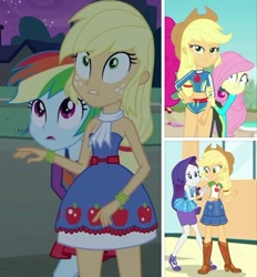 Size: 656x707 | Tagged: safe, derpibooru import, applejack, fluttershy, rainbow dash, rarity, better together, equestria girls, forgotten friendship, rollercoaster of friendship, bare shoulders, clothes, geode of fauna, geode of shielding, geode of super strength, magical geodes, movie, protecting, sleeveless, strapless, swimsuit