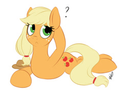 Size: 861x646 | Tagged: safe, artist:divlight, applejack, earth pony, pony, hatless, missing accessory, prone, simple background, solo