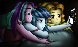 Size: 1340x812 | Tagged: safe, artist:namygaga, adagio dazzle, aria blaze, sonata dusk, equestria girls, bed, cuddling, loose hair, phone, prone, smartphone, smiling, snuggling, watching, youtube