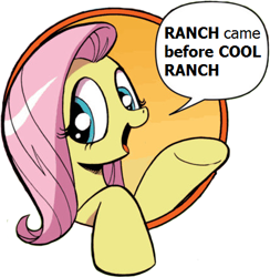 Size: 421x431 | Tagged: safe, fluttershy, pegasus, pony, bad advice fluttershy, blue eyes, dialogue, dilbert, dilbertposting, exploitable meme, female, mare, meme, open mouth, pink mane, raised hoof, raised leg, simple background, smiling, solo, speech bubble, talking to viewer, underhoof, yellow coat