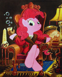 Size: 1024x1266 | Tagged: safe, artist:j-w-white, pinkie pie, earth pony, pony, bubble pipe, bust, chair, clothes, globe, painting, pipe, portrait, robe, skull, smoking jacket, solo, traditional art