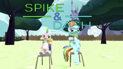 Size: 1160x652 | Tagged: safe, artist:undeadponysoldier, derpibooru import, rainbow dash, spike, dragon, pegasus, pony, brother and sister, can, canterlot, caption, chair, chillaxing, drake & josh, drink, duo, female, image macro, lidded eyes, male, mare, parody, siblings, sitting, soda can, text, title card, tree