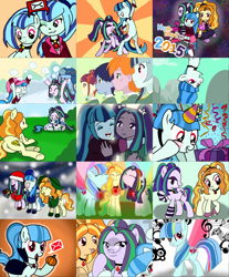 Size: 1536x1856 | Tagged: safe, artist:seths-girl, adagio dazzle, aria blaze, big macintosh, sonata dusk, toe-tapper, torch song, pony, equestria girls, ask sonata dusk, birthday, caroling, christmas, equestria girls ponified, hug, ponified, ponytones, present, self ponidox, snowball fight, sunburst background