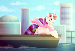 Size: 3500x2396 | Tagged: safe, artist:twinkepaint, rarity, pony, unicorn, boat, city, clothes, cloud, female, mare, open mouth, scarf, sky, smiling, solo, water