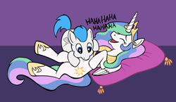 Size: 3000x1738 | Tagged: safe, artist:lissatoons, princess celestia, oc, oc:dreamy daze, alicorn, pegasus, pony, canon x oc, cute, cutelestia, female, laughing, male, mare, on back, onomatopoeia, open mouth, pillow, raspberry, raspberry noise, shipping, stallion, straight, tickling, tummy buzz