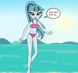 Size: 1396x1301 | Tagged: safe, artist:majkashinoda626, sonata dusk, equestria girls, beach, belly button, bikini, blushing, cleavage, clothes, cute, dialogue, female, lens flare, sirens doing siren things, sonatabetes, swimsuit, this will end in death