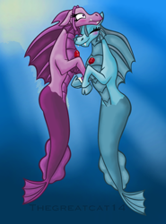 Size: 1024x1382 | Tagged: safe, artist:queentigrel, aria blaze, sonata dusk, hippocampus, merpony, siren, arisona, blushing, female, lesbian, pearl, shipping, true form