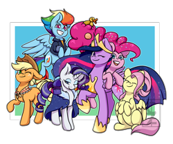 Size: 5000x4173 | Tagged: safe, artist:cleoziep, derpibooru import, applejack, fluttershy, pinkie pie, rainbow dash, rarity, twilight sparkle, twilight sparkle (alicorn), alicorn, earth pony, pegasus, pony, unicorn, the last problem, abstract background, absurd resolution, candy, candy in hair, clothes, colored pupils, cowboy hat, crown, cute, ear fluff, eyes closed, female, flying, food, grey hair, group, happy, hat, hoof shoes, jacket, jewelry, mane six, mare, older, older applejack, older fluttershy, older mane six, older pinkie pie, older rainbow dash, older rarity, older twilight, one eye closed, open mouth, peytral, raised hoof, regalia, rubber duck, scarf, smiling, wink