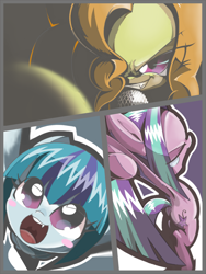 Size: 1080x1440 | Tagged: safe, artist:fr3, adagio dazzle, aria blaze, sonata dusk, equestria girls, adoragio, ariabetes, blushing, cute, equestria girls ponified, grin, microphone, pixiv, ponified, sharp teeth, sonatabetes, the dazzlings