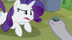 Size: 1280x720 | Tagged: safe, screencap, boulder (pet), maud pie, rarity, pony, unicorn, fake it 'til you make it, eyeshadow, female, makeup, mare, open mouth, raised eyebrow, solo focus, underhoof