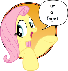 Size: 2000x2063 | Tagged: safe, fluttershy, pegasus, pony, bad advice fluttershy, blue eyes, dialogue, exploitable meme, faggot, female, mare, meme, open mouth, pink mane, raised hoof, raised leg, simple background, slur, smiling, solo, speech bubble, talking to viewer, underhoof, ur a faget, vulgar, yellow coat