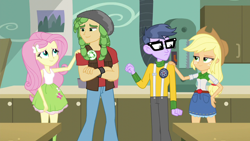 Size: 1280x720 | Tagged: safe, screencap, applejack, fluttershy, microchips, sandalwood, equestria girls, friendship games, glasses