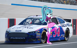 Size: 1540x954 | Tagged: safe, sonata dusk, equestria girls, rainbow rocks, car, david ragan, equestria girls in real life, ford, ford fusion, nascar, photo, race track, racecar, racing, solo, sonataco, taco bell, the dazzlings