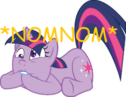 Size: 900x694 | Tagged: safe, derpibooru import, twilight sparkle, pony, unicorn, derp, female, mare, multicolored mane, nom, purple coat, solo