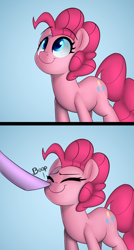 Size: 1768x3300 | Tagged: safe, artist:january3rd, pinkie pie, pony, 2 panel comic, boop, comic, cute, diapinkes, eyes closed, implied twilight sparkle, looking up, smiling