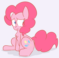 Size: 1280x1251 | Tagged: safe, artist:mr-degration, pinkie pie, earth pony, pony, :t, blushing, chest fluff, cute, diapinkes, eye clipping through hair, simple background, sitting, solo