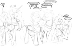 Size: 1280x853 | Tagged: safe, artist:shieltar, princess celestia, princess luna, oc, oc:big mark, oc:grace harmony, alicorn, pony, dialogue, female, male, monochrome, oc x oc, offspring, pregnant, shipping, sketch, straight, this will end in even more pregnancies