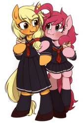 Size: 659x965 | Tagged: safe, artist:umeguru, applejack, pinkie pie, earth pony, pony, semi-anthro, :t, alternate hairstyle, bipedal, blushing, clothes, crepe, eating, eye contact, food, looking at each other, open mouth, puffy cheeks, sailor uniform, school uniform, schoolgirl, simple background, smiling, socks, white background