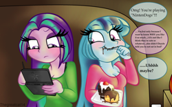 Size: 1024x634 | Tagged: safe, artist:queentigrel, aria blaze, sonata dusk, equestria girls, a dazzling winter, blushing, cake, dialogue, ice cream, messy eating, nintendo ds, nintendogs, tsundaria, tsundere