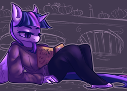 Size: 938x666 | Tagged: safe, artist:marshmellowcannibal, derpibooru import, twilight sparkle, twilight sparkle (alicorn), alicorn, anthro, book, clothes, solo, spoopy, sweater