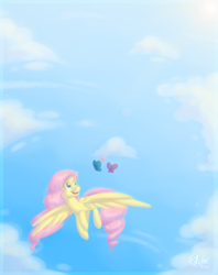 Size: 1024x1295 | Tagged: safe, artist:felcia, fluttershy, butterfly, pegasus, pony, flying, looking at something, sky, solo, spread wings