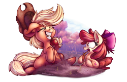 Size: 1700x1100 | Tagged: safe, artist:bobdude0, artist:heir-of-rick, apple bloom, applejack, earth pony, pony, collaboration, apple, bow, carrot, duo, eyes closed, female, filly, food, hair bow, hat, mare, open mouth, sisters, that pony sure does love apples