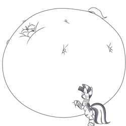 Size: 1280x1280 | Tagged: safe, artist:mad'n evil, scootaloo, zecora, zebra, air inflation, inflation, monochrome, scootablimp, simple background, white background