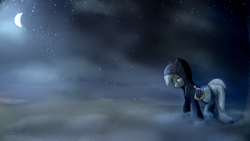 Size: 3840x2160 | Tagged: safe, alternate version, artist:darkflame75, derpibooru import, lyra heartstrings, pony, unicorn, fanfic:background pony, clothes, dig the swell hoodie, female, fog, hoodie, lyre, moon, musical instrument, night, ponies wearing black, sad, solo, wallpaper