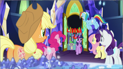 Size: 1285x725 | Tagged: safe, derpibooru import, edit, edited screencap, screencap, applejack, fluttershy, pinkie pie, rainbow dash, rarity, spike, twilight sparkle, twilight sparkle (alicorn), alicorn, dragon, earth pony, pegasus, pony, unicorn, a matter of principals, main hall, mane seven, mane six, map, throne room, twilight's castle