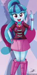 Size: 645x1321 | Tagged: safe, artist:the-butch-x, sonata dusk, equestria girls, beautiful, beautiful x, bracelet, clothes, explicit source, hand on hip, open mouth, skirt, solo, sunburst background