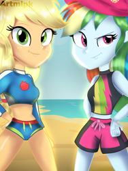 Size: 1536x2048 | Tagged: safe, artist:artmlpk, derpibooru import, applejack, rainbow dash, better together, equestria girls, beach, beautiful, bikini, clothes, cute, dashabetes, digital art, dork, duo, duo female, female, jackabetes, looking at you, outfit, smiling, smiling at you, swimsuit