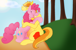 Size: 1176x776 | Tagged: safe, artist:jennythejackass, braeburn, pinkie pie, earth pony, pony, ask-mpreg-braeburn, cute, explicit source, hug, implied gay, magical gay spawn, male pregnancy, parents:soarburn, pregnant, shipping