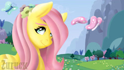 Size: 1920x1080 | Tagged: safe, artist:ciderpunk, artist:zuruck, derpibooru exclusive, fluttershy, butterfly, pegasus, pony, flower