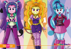 Size: 1441x984 | Tagged: safe, artist:the-butch-x, adagio dazzle, aria blaze, sonata dusk, equestria girls, rainbow rocks, beautiful, beautiful x, crossed arms, grin, hand on hip, looking at you, open mouth, smiling, sunburst background, the dazzlings