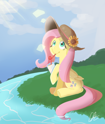 Size: 800x950 | Tagged: safe, artist:cofotory, fluttershy, pegasus, pony, crepuscular rays, cute, drinking, drinking straw, flower in hat, folded wings, hat, hoof hold, looking up, river, shyabetes, sitting, solo, weapons-grade cute