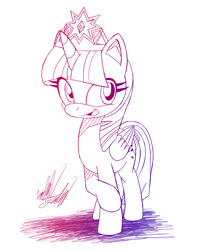 Size: 716x900 | Tagged: safe, artist:fuzon-s, derpibooru import, twilight sparkle, twilight sparkle (alicorn), alicorn, pony, big crown thingy, crown, female, gradient lineart, happy, mare, monochrome, new crown, open mouth, raised hoof, sketch, solo