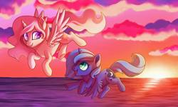 Size: 4000x2400 | Tagged: safe, artist:sacredroses-art, princess celestia, princess luna, alicorn, pony, cewestia, duo, female, filly, flying, pink-mane celestia, royal sisters, s1 luna, sisters, smiling, woona, younger