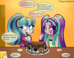 Size: 1024x803 | Tagged: safe, artist:queentigrel, aria blaze, sonata dusk, equestria girls, cake, comic, friends, reference