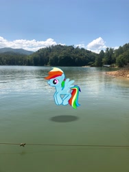 Size: 3024x4032 | Tagged: safe, derpibooru import, photographer:undeadponysoldier, rainbow dash, pegasus, pony, augmented reality, female, flying, followup, gameloft, irl, lake, mare, photo, ponies in real life, solo, water