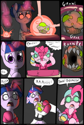 Size: 781x1156 | Tagged: safe, artist:metal-kitty, derpibooru import, pinkie pie, twilight sparkle, twilight sparkle (alicorn), alicorn, earth pony, pony, comic:expiration date, bread monster, comic, crossover, engie pie, engineer, expiration date, female, mare, medic, muffin, team fortress 2, teleporter, twi medic