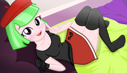 Size: 2460x1404 | Tagged: safe, artist:grapefruitface1, watermelody, equestria girls, base used, bed, blushing, clothes, gloves, happy, hat, looking at you, lying down, missing shoes, socks, solo, stockings, thigh highs, updated