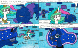 Size: 3285x2037 | Tagged: safe, artist:eternaljonathan, princess celestia, princess luna, oc, oc:nemo, alicorn, pony, comic:a new twist, comic, dream, guardian, jewelry, plot, royal sisters, traditional art