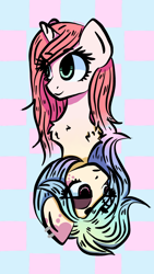 Size: 480x853 | Tagged: safe, artist:cysd16, derpibooru import, oc, oc only, oc:strawberry milkshake, oc:sunset splash, :3, cat face, chest fluff, duality, eyeshadow, green eyes, grumpy pony, happy pony, makeup, multicolored mane, piercing, pink coat, pink eyes, pink mane, spots, wallpaper, yellow coat