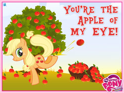 Size: 1600x1200 | Tagged: safe, derpibooru import, applejack, earth pony, pony, apple, apple tree, applebucking, food, hatless, kick, kicking, missing accessory, mlp club, my little pony logo, official, solo, stock vector, tree, wallpaper