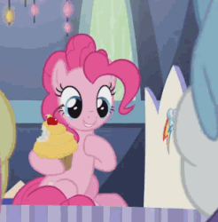 Size: 305x310 | Tagged: safe, derpibooru import, screencap, cheese sandwich, fluttershy, pinkie pie, rainbow dash, rarity, earth pony, pegasus, pony, unicorn, the last laugh, animated, cropped, cupcake, cute, female, food, happy, invitation, mare, sitting, smiling, talking