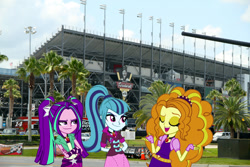 Size: 1048x699 | Tagged: safe, adagio dazzle, aria blaze, sonata dusk, equestria girls, rainbow rocks, daytona usa, equestria girls in real life, nascar, race track, racing, the dazzlings