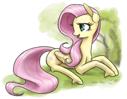 Size: 1000x783 | Tagged: safe, artist:king-kakapo, fluttershy, pegasus, pony, prone, smiling, solo, unshorn fetlocks