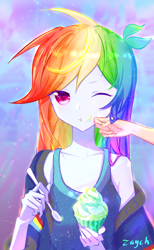 Size: 1594x2584 | Tagged: safe, artist:bronyazaych, derpibooru import, applejack, rainbow dash, equestria girls, anime, appledash, clothes, cute, dashabetes, eating, female, jacket, lesbian, offscreen character, one eye closed, shipping, spoon, tanktop