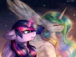 Size: 4000x3000 | Tagged: safe, artist:racheldantes, princess celestia, twilight sparkle, twilight sparkle (alicorn), alicorn, pony, absurd resolution, crying, female, mare, regalia, smiling